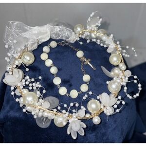 Flower Girl/ First Communion Headwear Faux Pearl Crystal Headband Cross Bracelet